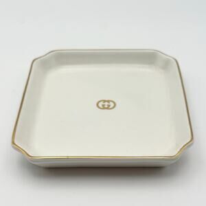 Gucci Vintage Ivory Gold Trim Square Signature GG Porcelain Ashtray Minimalist